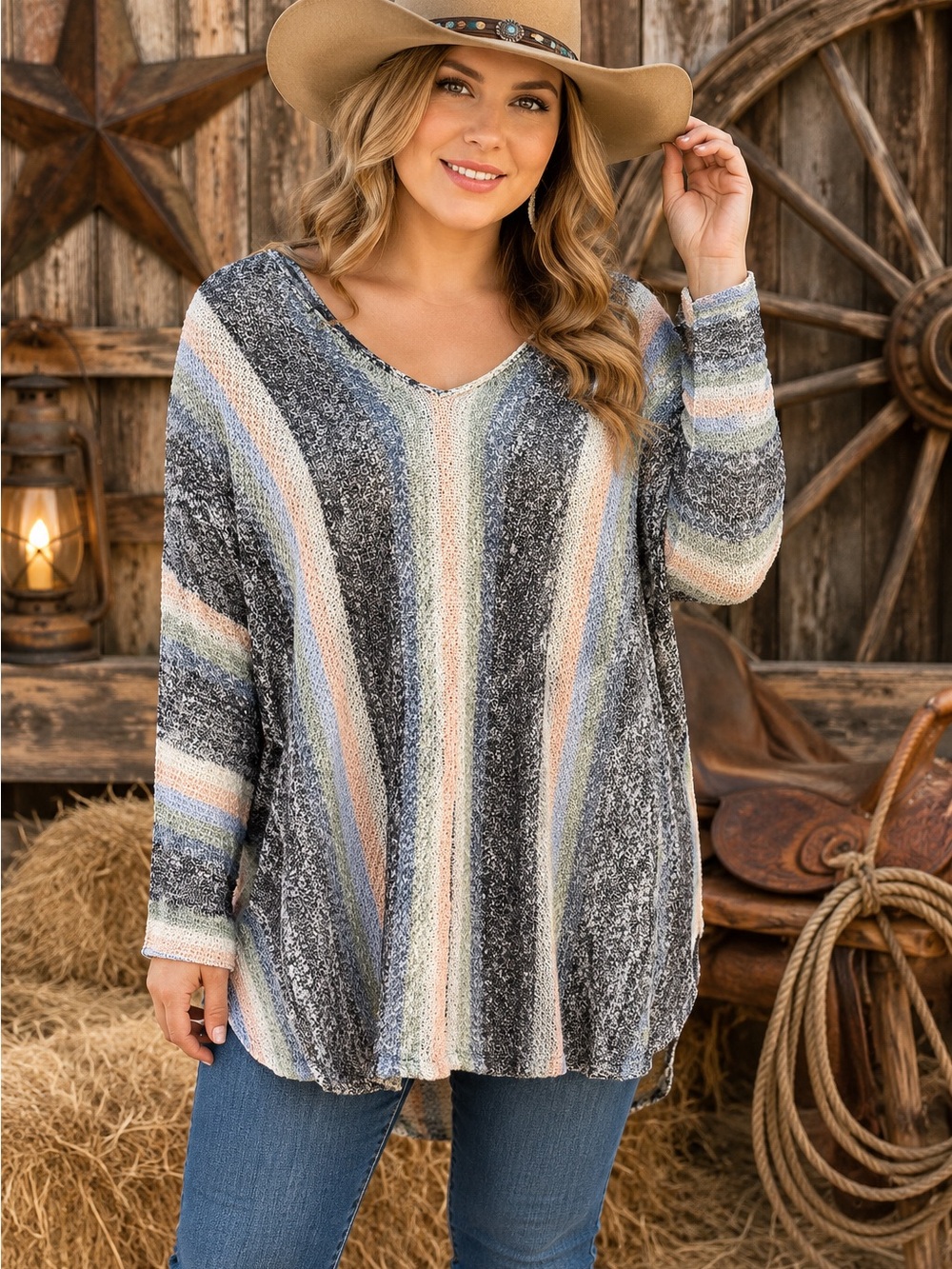 Wrangler Multicolor Striped V-Neck Sweater Tunic size L